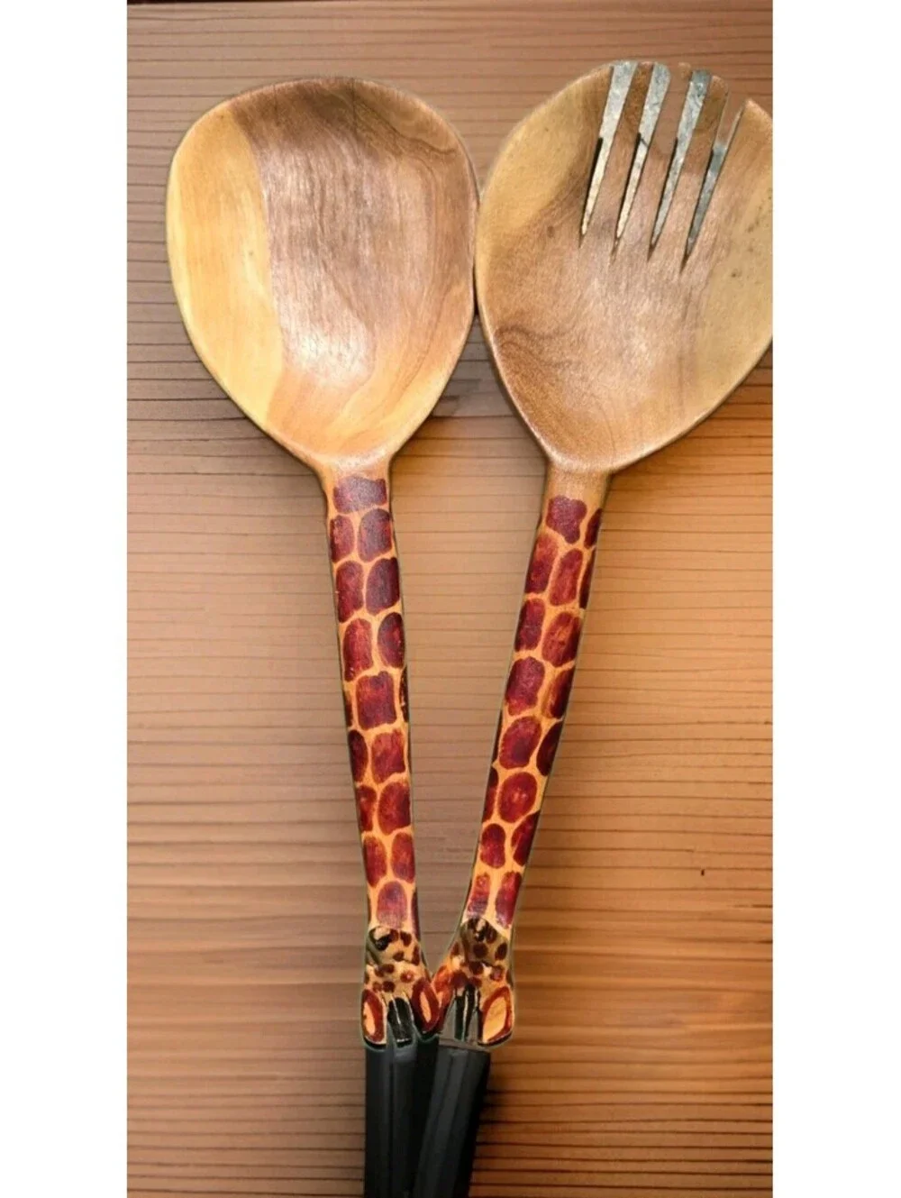 Hand Carved Wood Giraffe Salad Spoon & Fork Utensil Set